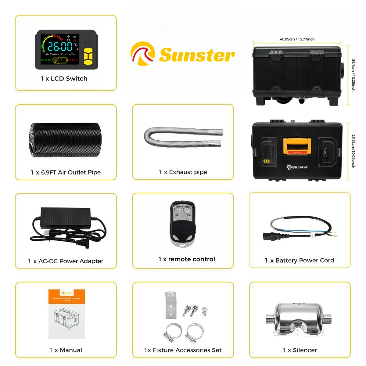 Sunster TB10 Diesel Heater 8KW 12/24V 110-240V, ToolBox Bluetooth Black Version
