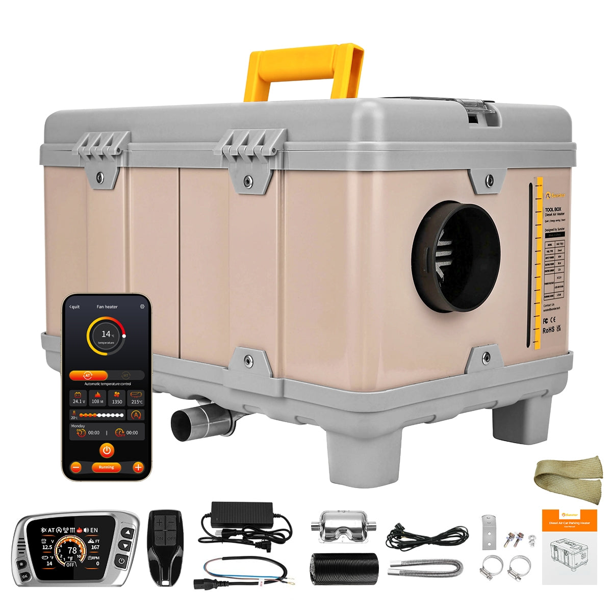 Sunster TB10 Diesel Heater 8KW 12V 110-240V, ToolBox Bluetooth 2025 Pink Version