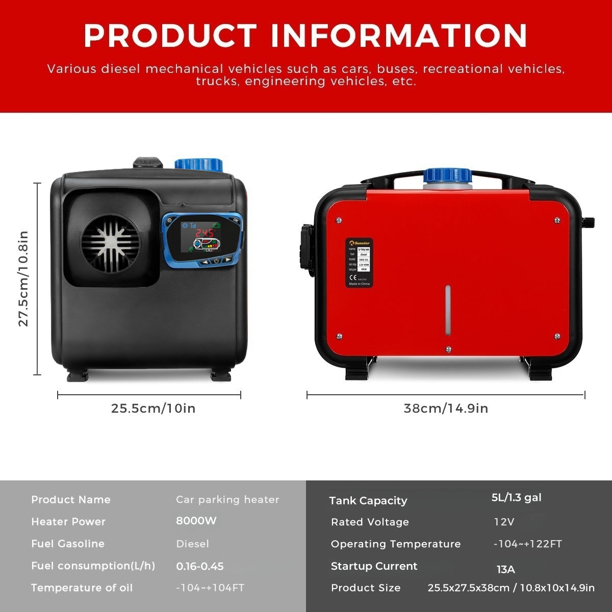 Sunster A2018H Diesel Heater 8KW 12V, All in One Classic Version