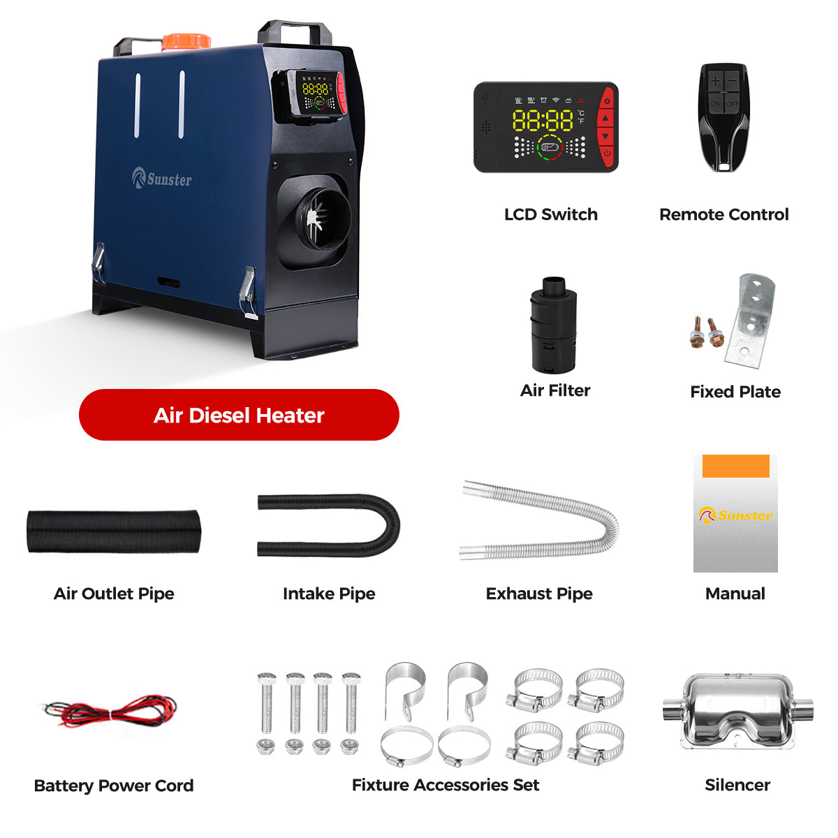 Sunster A2105LV Diesel Heater 8KW 12/24V, All In One Bluetooth Version