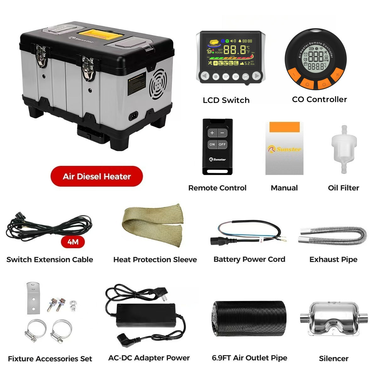 Sunster TB10PRO Diesel Heater 8KW 12/24V 110-240V With Wireless Temperature Remote Control, ToolBox Bluetooth Upgrade Version