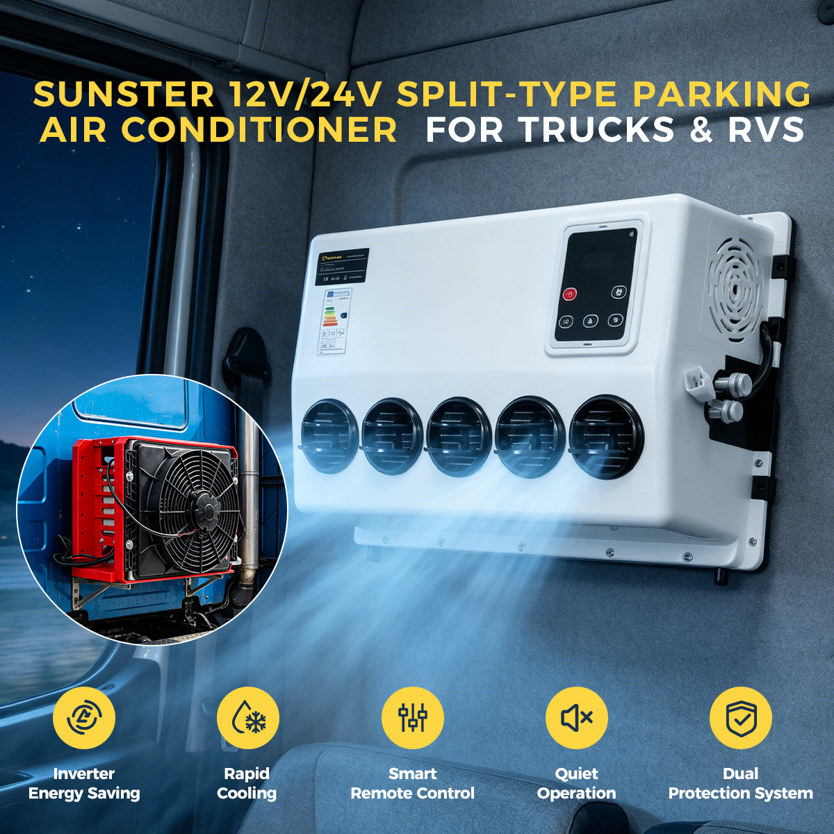 Sunster S-AC1 RV Air Conditioner 12V/24V Efficient Cooling