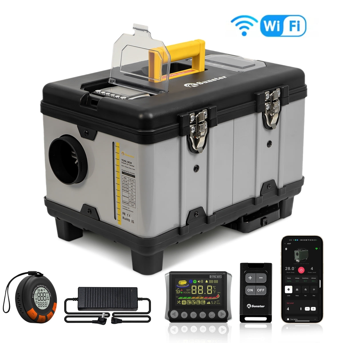 Sunster TB10Pro 8KW WiFi & Bluetooth Diesel Heater – 12V/24V/110-240V ToolBox Parking Heater with A2422