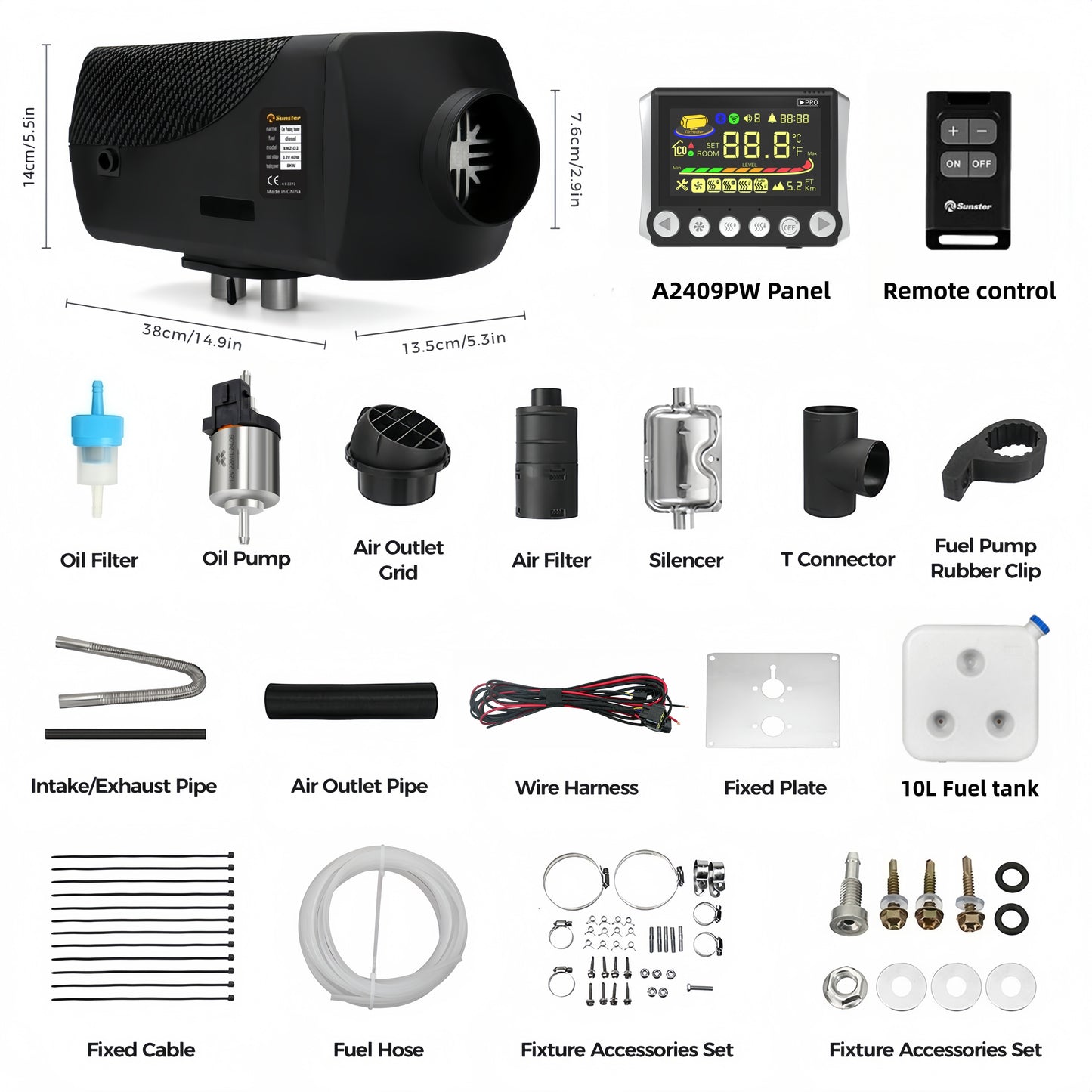 Sunster SH W8 Diesel Heater 8KW 12/24V  with WiFi & Bluetooth App Control,Spilt Type A2409PW Panel