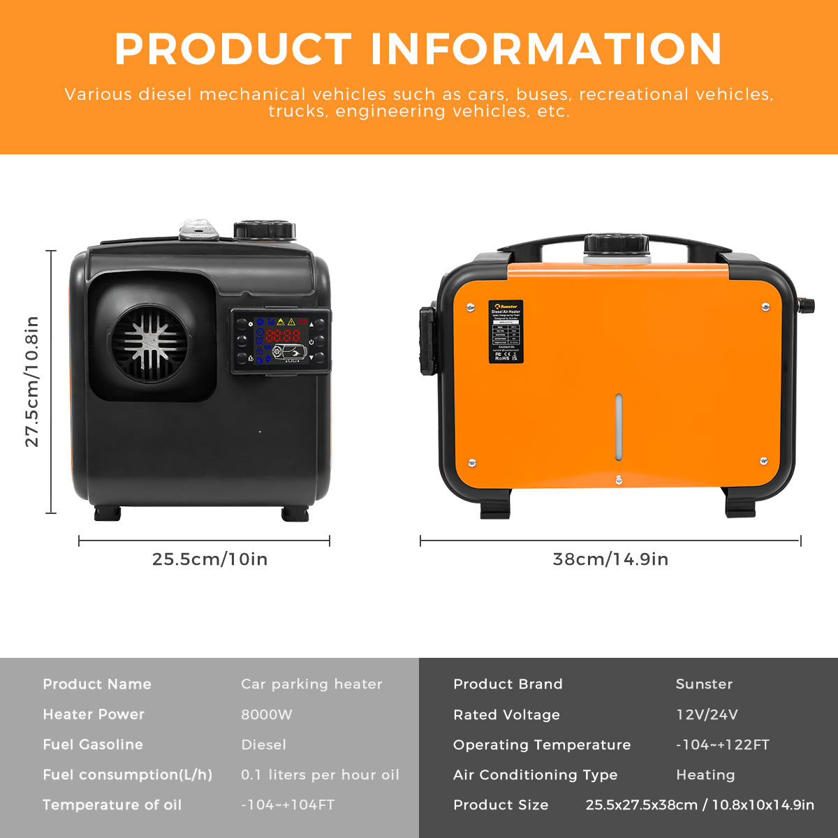 Sunster A2013H Diesel Heater 8KW 12/24V, All in One Classic Version