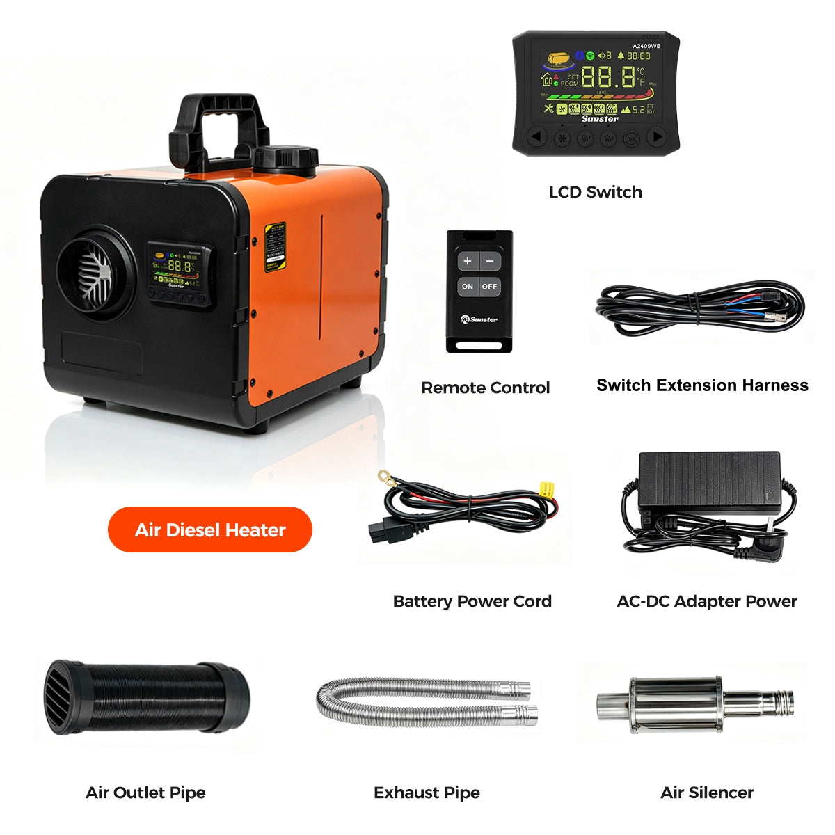 Sunster TP W1 WiFi & Bluetooth Diesel Heater 8KW 12/24V 110-240V, All-in-One with 2409WB Panel & 4-Button Remote