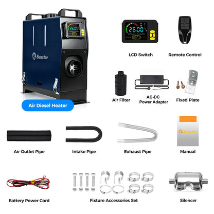 Sunster TR B1 Diesel Heater 2KW 12/24V 110-240V Bluetooth, Vertical All-in-One with 2200BH Panel & 4-Button Remote