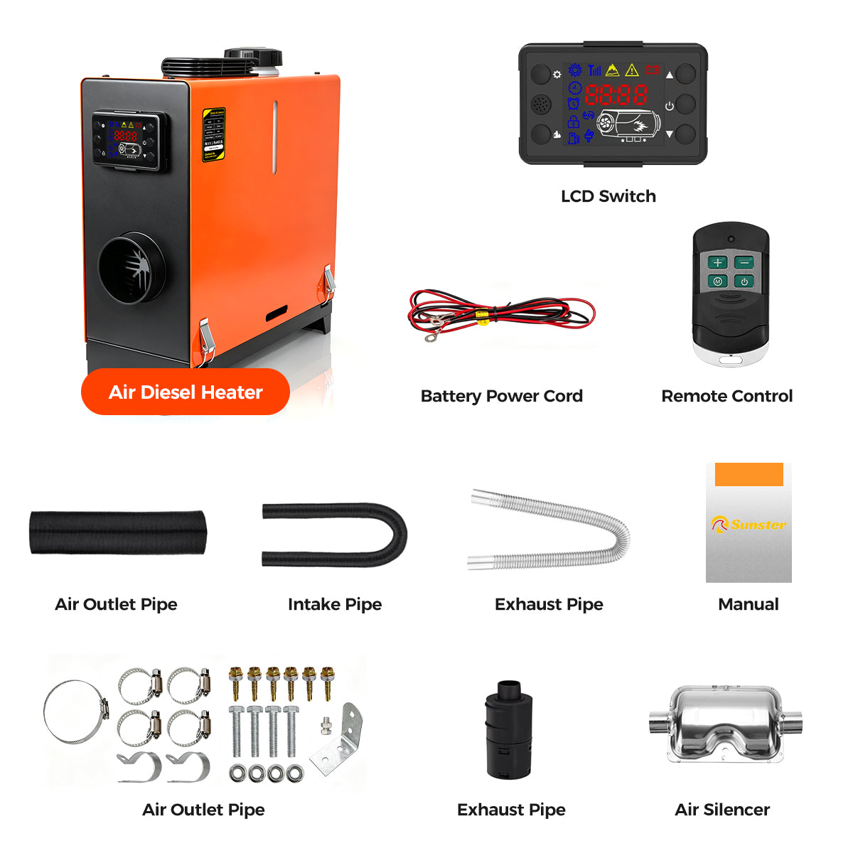 Sunster TR 3 Diesel Heater 8KW 12/24V, Vertical All-in-One with A2013SL Panel & 433 Remote, Low Fuel Consumption