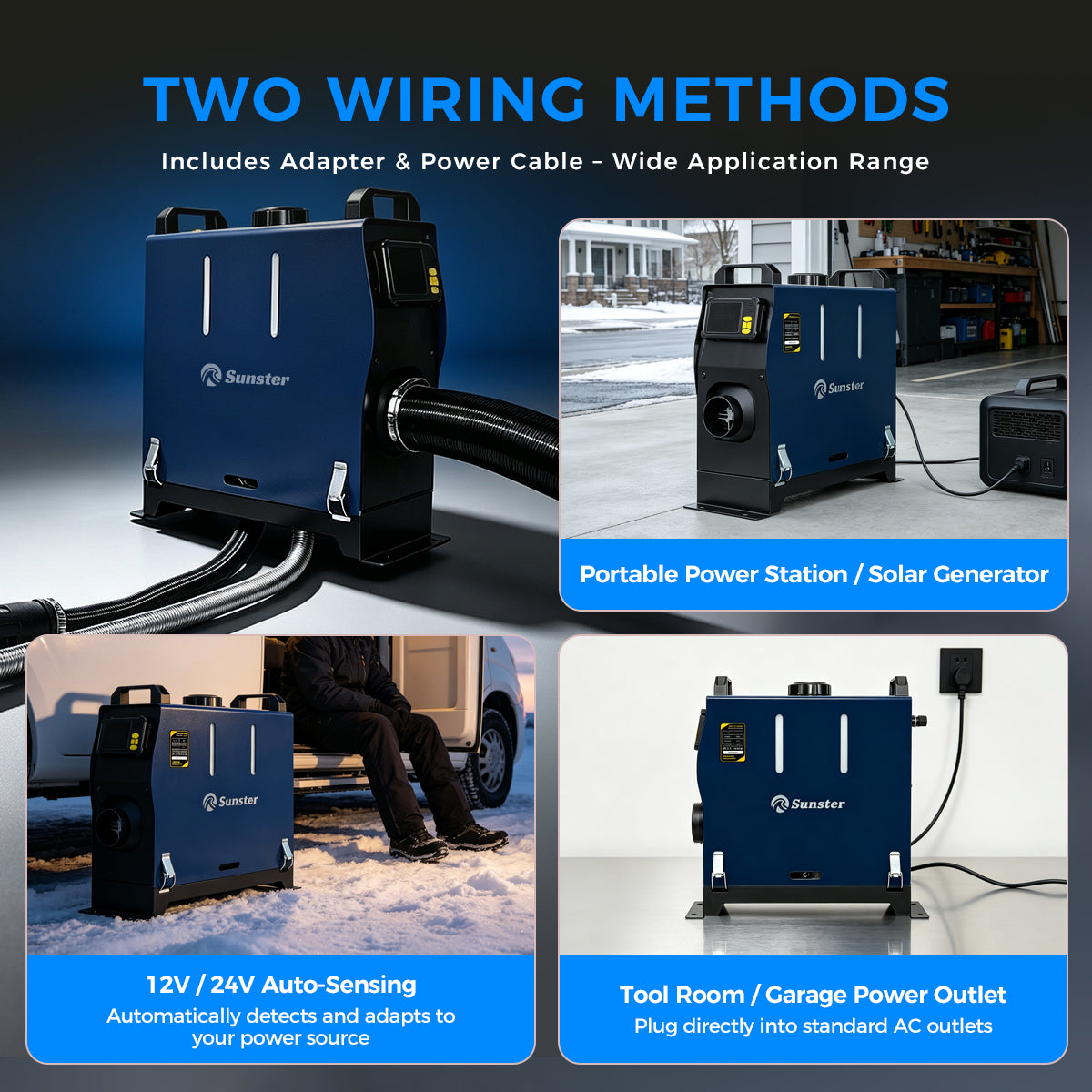 Sunster TR B1 Diesel Heater 2KW 12/24V 110-240V Bluetooth, Vertical All-in-One with 2200BH Panel & 4-Button Remote