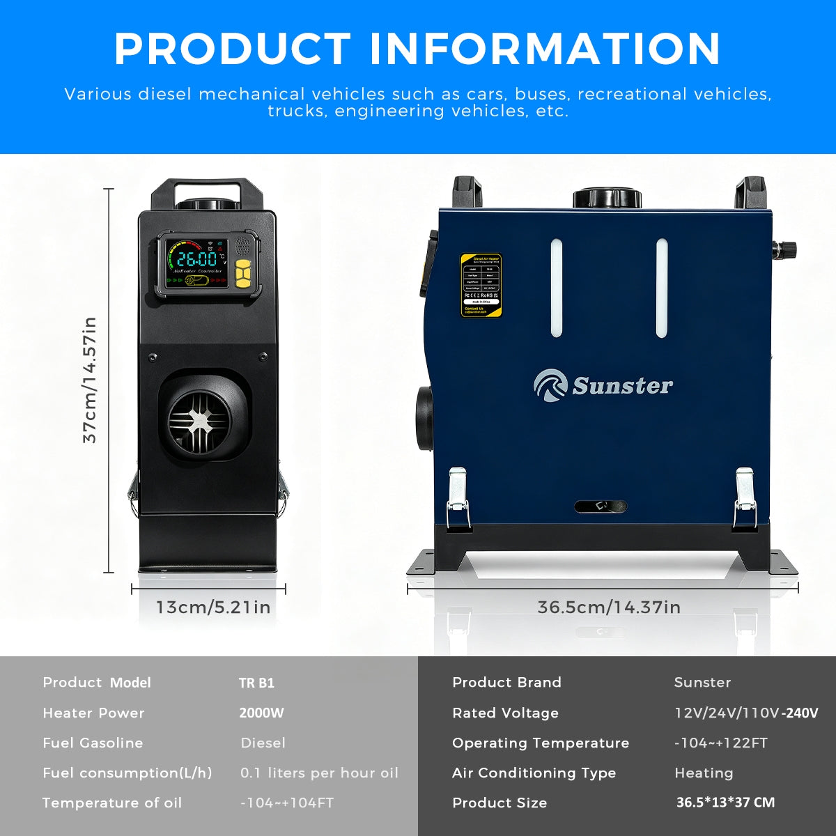 Sunster TR B1 Diesel Heater 2KW 12/24V 110-240V Bluetooth, Vertical All-in-One with 2200BH Panel & 4-Button Remote