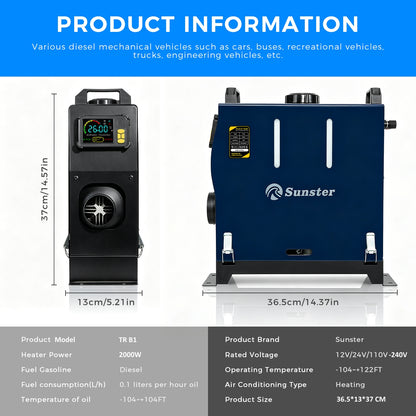 Sunster TR B1 Diesel Heater 2KW 12/24V 110-240V Bluetooth, Vertical All-in-One with 2200BH Panel & 4-Button Remote