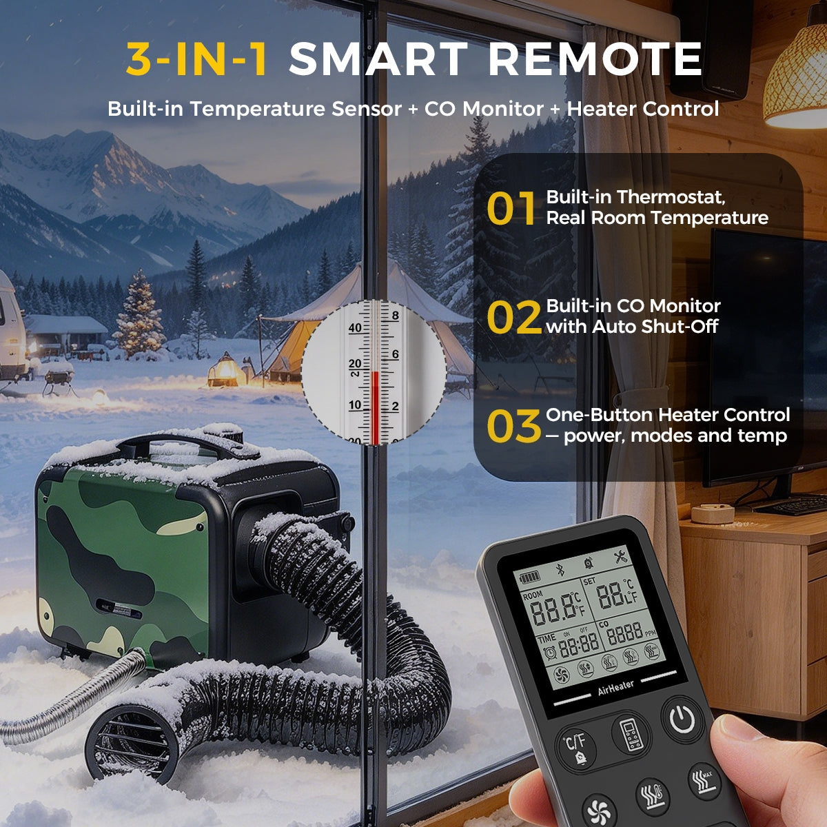 Sunster TP B3 Diesel Heater 8KW 12/24V 110-240V Bluetooth, All-in-One with 2602B LCD Panel & R2603 Smart Remote with Thermostat & CO Monitor
