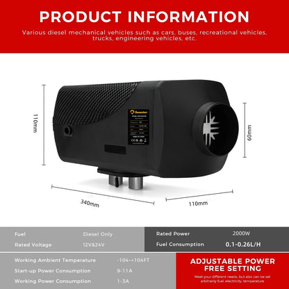Sunster A2200BS Diesel Heater 2KW 12/24V, Traditional Bluetooth Version