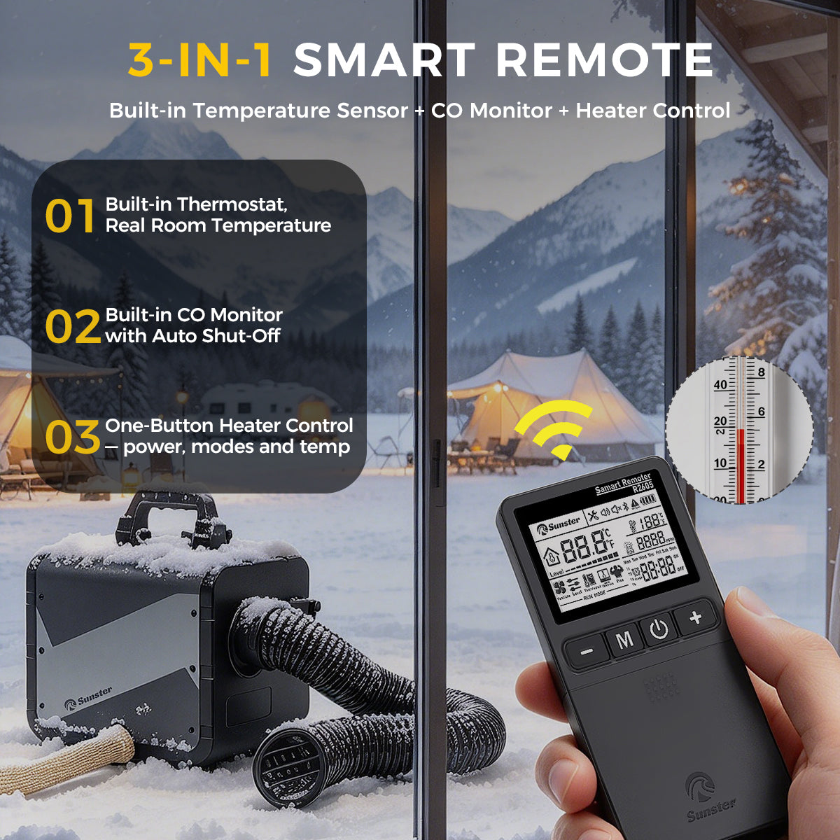 Sunster TP BW Diesel Heater 8KW 12/24V 110-240V All-in-One WiFi & Bluetooth with A2605 Panel & R2605 Remote with CO monitoring, dual brushless motor