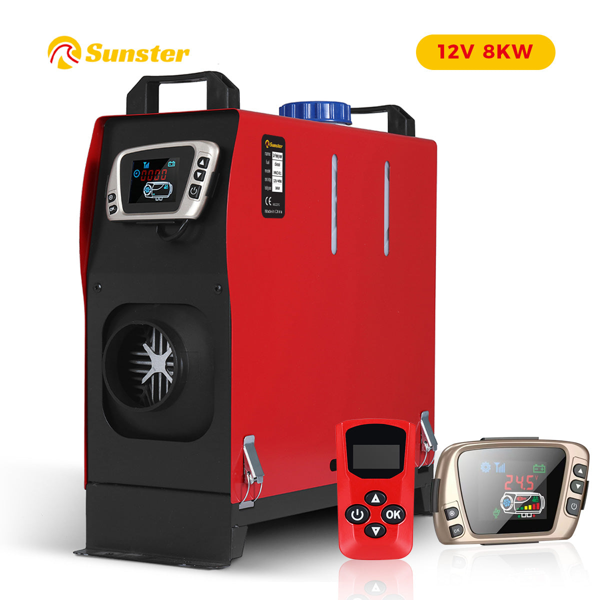 8KW 12V Vertical All-in-One Diesel Air Heater Gold LCD Switch Red Remote For Car