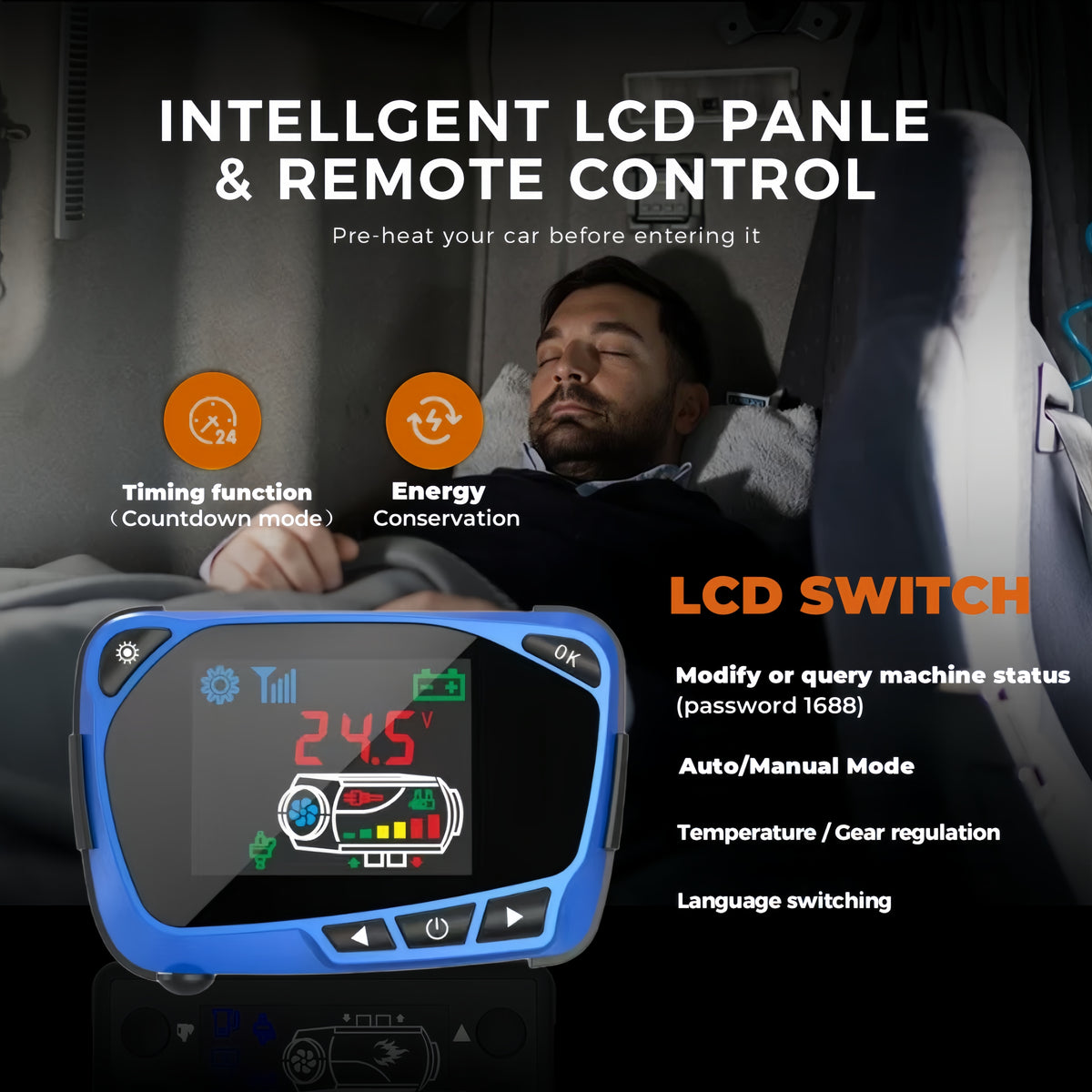 2KW 12V Split Diesel Air Heater Blue LCD Basic Remote For Camper Van