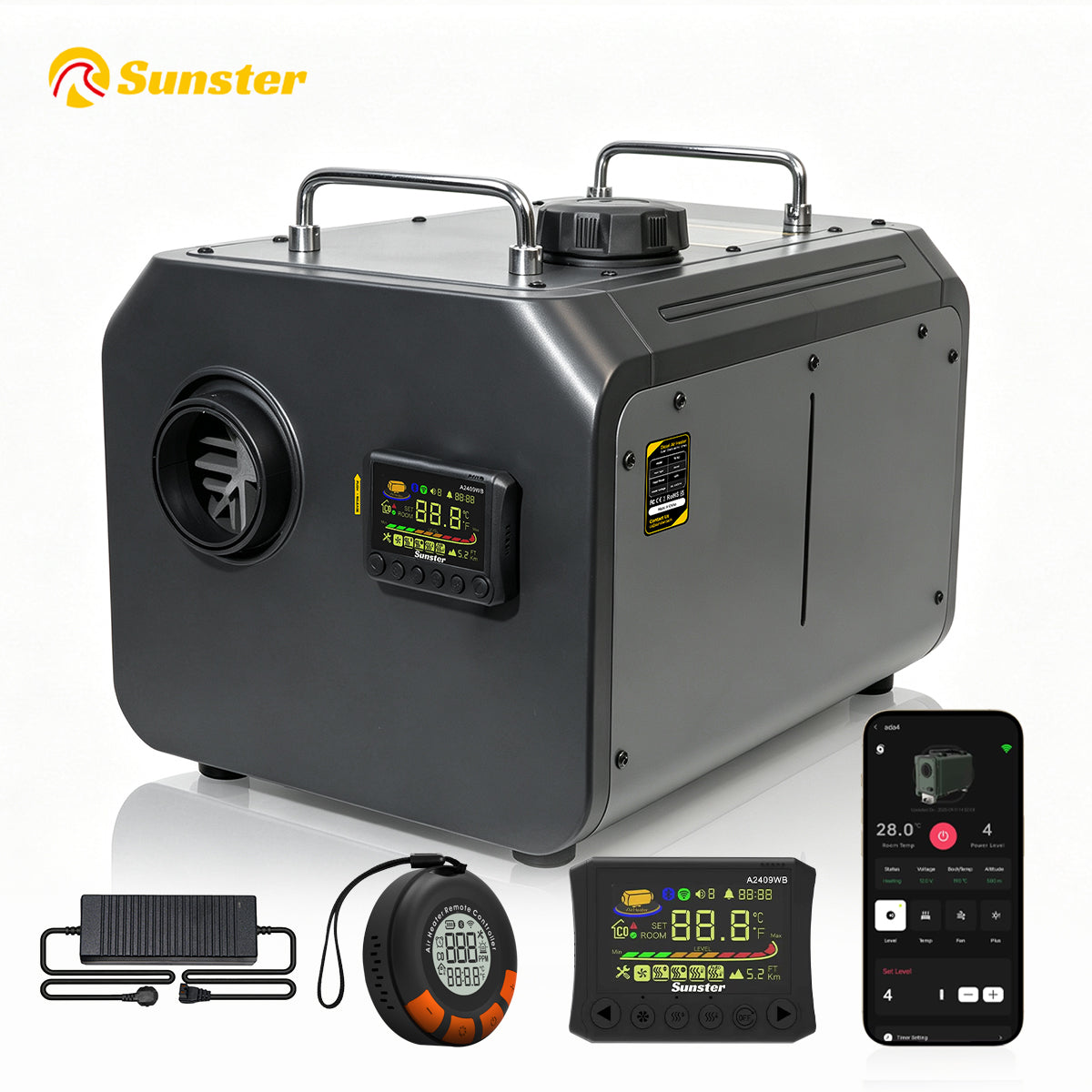 Sunster TP RO 8KW WiFi & Bluetooth Diesel Heater 12/24V 110-240V, All-in-One with A2409WB Panel & Wireless Smart Remote with C0 monitoring