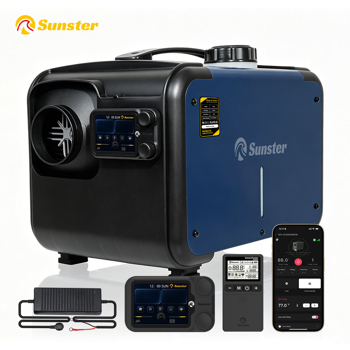 Sunster TP B2 Diesel Heater 8KW 12/24V 110-240V WiFi & Bluetooth, All-in-One with A2605 Panel & R2605 Remote