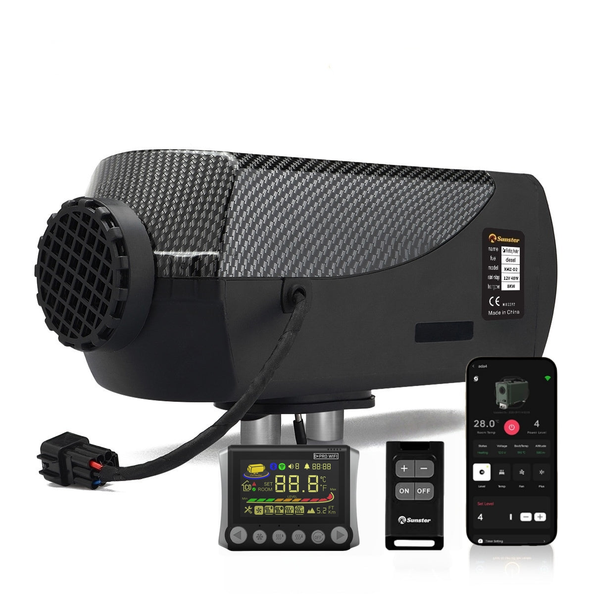 Sunster SH W2 Diesel Heater 2KW 12/24V with WiFi & Bluetooth App Control ,Spilt Type A2409PW Panel