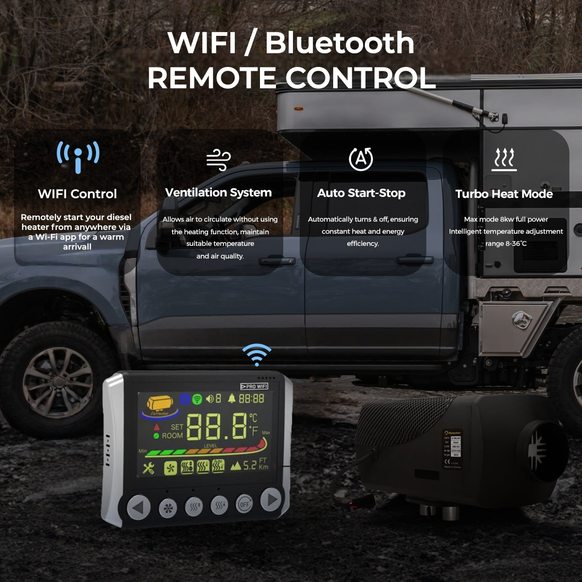 Sunster SH W8 Diesel Heater 8KW 12/24V  with WiFi & Bluetooth App Control,Spilt Type A2409PW Panel
