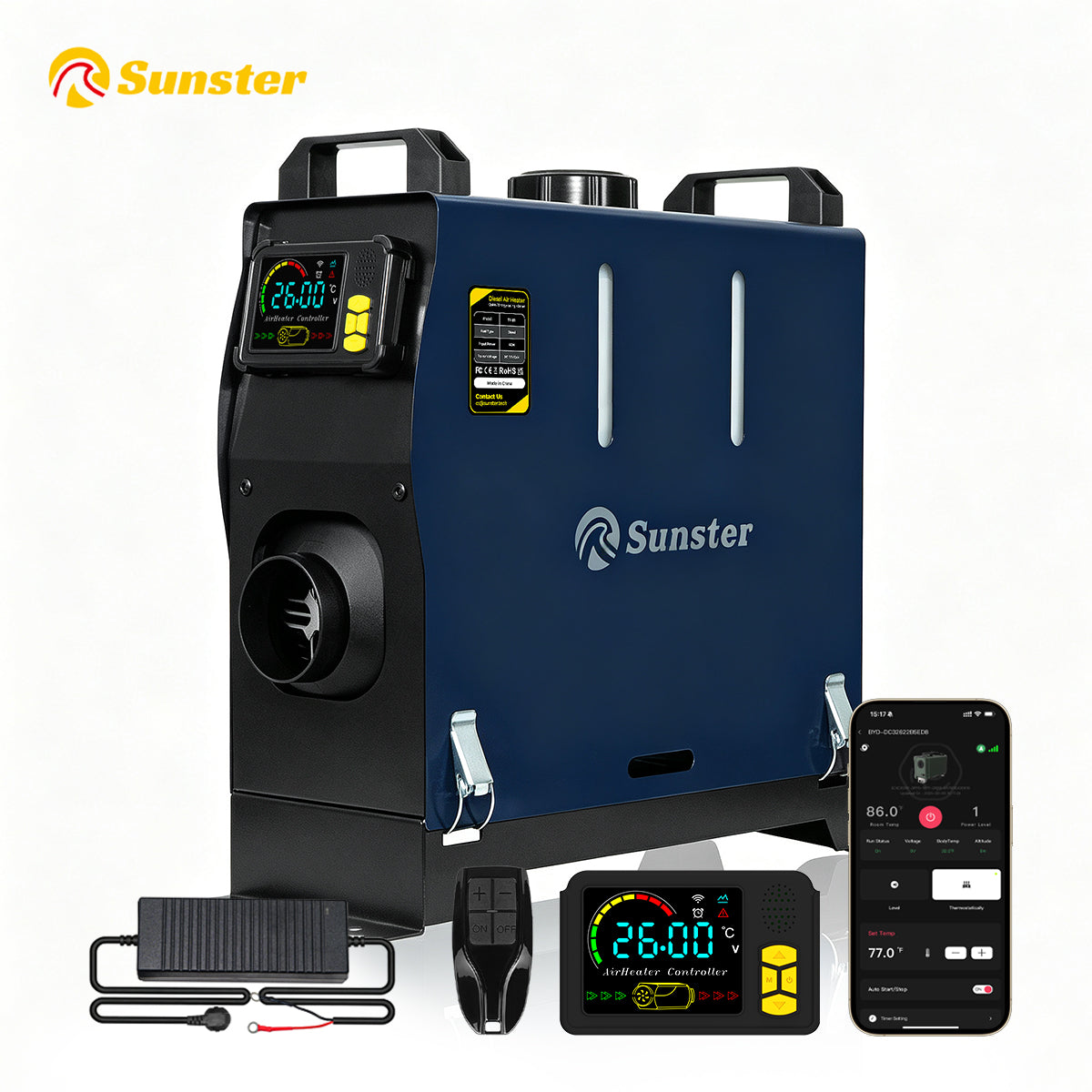 Sunster TR B1 Diesel Heater 2KW 12/24V 110-240V Bluetooth, Vertical All-in-One with 2200BH Panel & 4-Button Remote