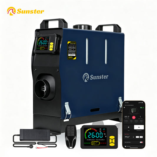Sunster TR B1 Diesel Heater 2KW 12/24V 110-240V Bluetooth, Vertical All-in-One with 2200BH Panel & 4-Button Remote