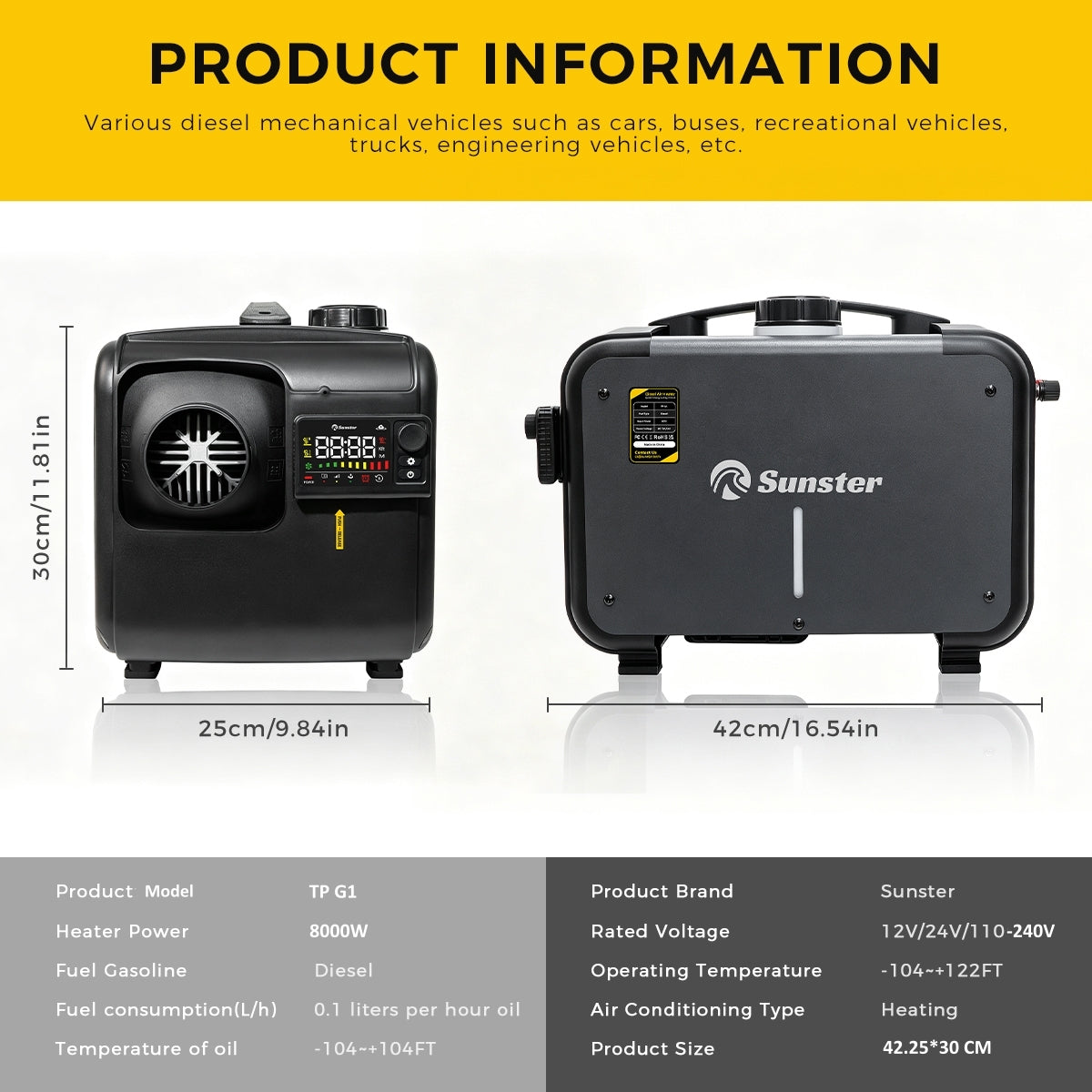 Sunster TP G1 LTE-4G Diesel Heater 8KW 12/24V 110-240V, All-in-One Bluetooth with 2602BLTE Panel