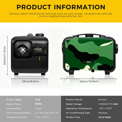 Sunster TP B3 Diesel Heater 8KW 12/24V 110-240V Bluetooth, All-in-One with 2602B LCD Panel & R2603 Smart Remote with Thermostat & CO Monitor