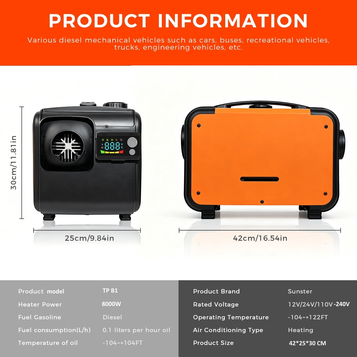 Sunster TP-B1 Diesel Heater 8KW 12/24V & 110-240V, Bluetooth with A2201B LCD Display + 433 Wireless Remote