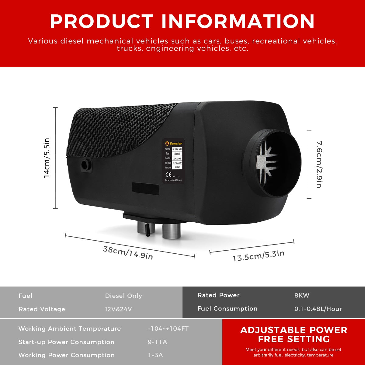 Sunster A2302BS Diesel Heater 8KW 12/24V, Traditional Bluetooth Version