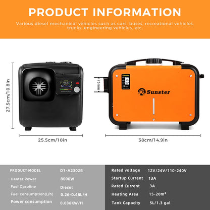 Sunster A2302BP Diesel Heater 8KW 12/24V 110-240V, All In One Bluetooth Version