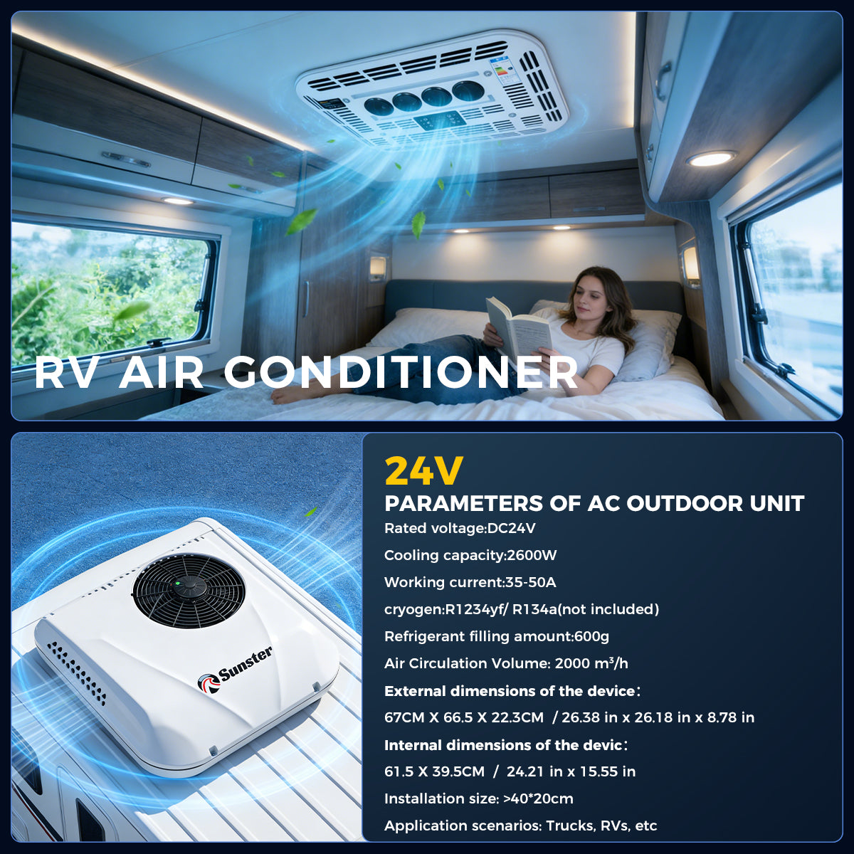 Sunster S-AX1 RV Air Conditioner 12V/24V Efficient Cooling