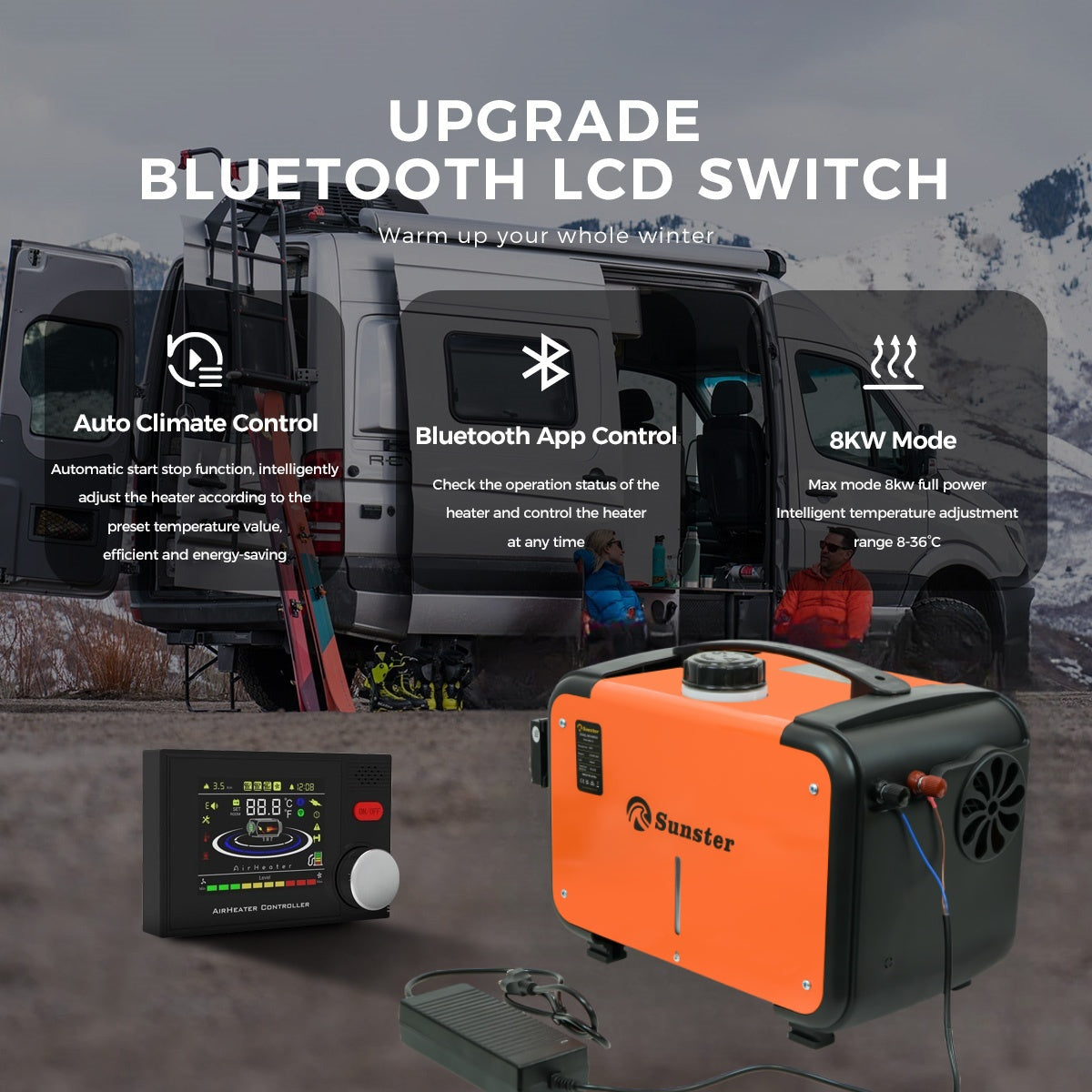 Sunster A2302BP Diesel Heater 8KW 12/24V 110-240V, All In One Bluetooth Version