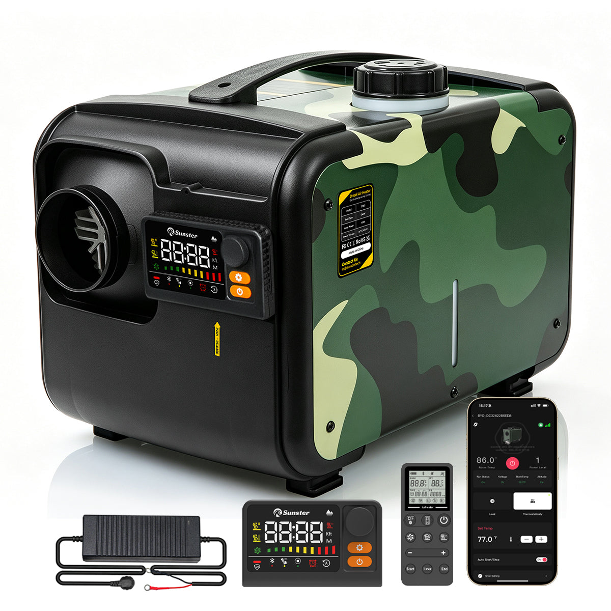 Sunster TP B3 Diesel Heater 8KW 12/24V 110-240V Bluetooth, All-in-One with 2602B LCD Panel & R2603 Smart Remote with Thermostat & CO Monitor