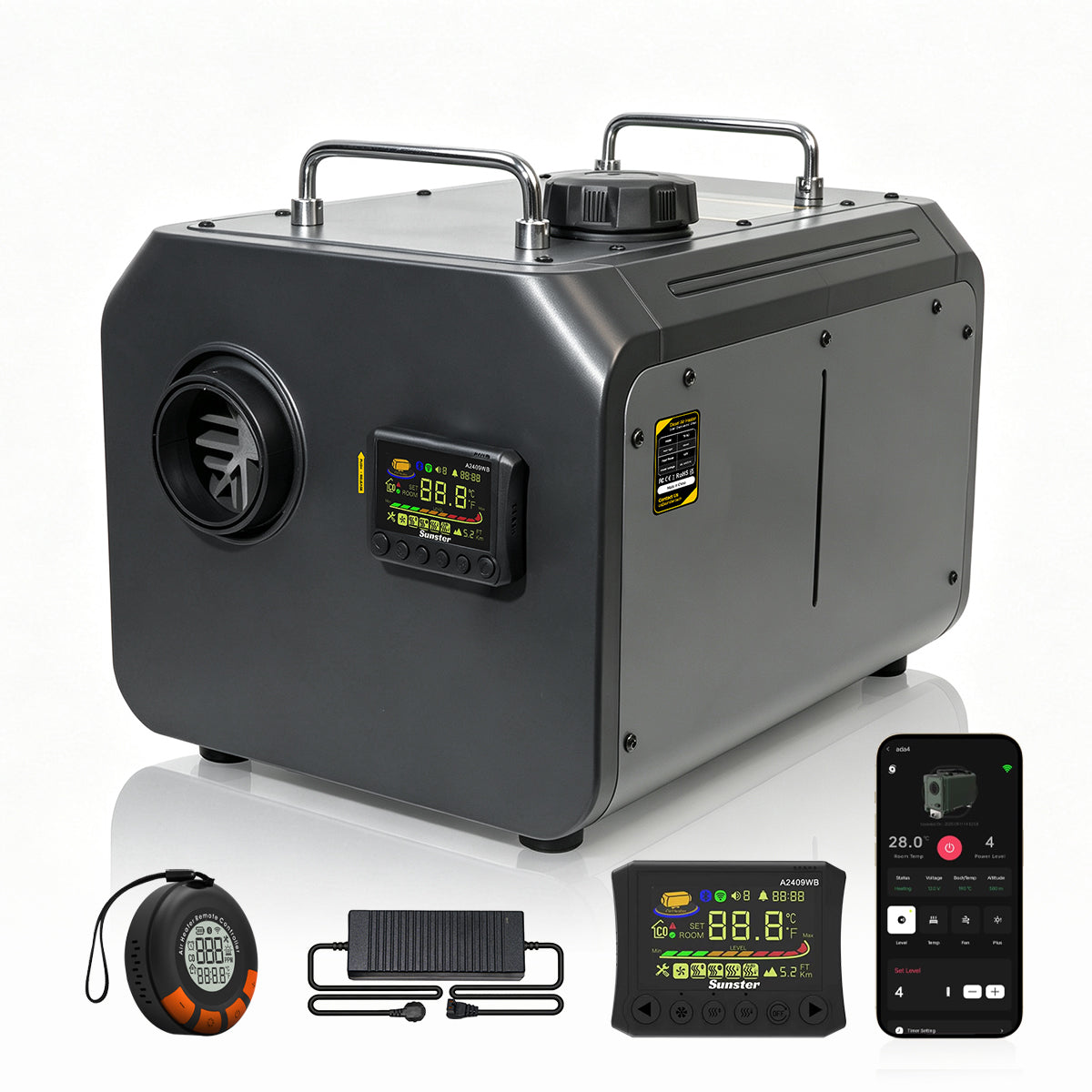 Sunster TP RO 9KW WiFi & Bluetooth Diesel Heater 12/24V 110-240V, All-in-One with A2409WB Panel & Wireless Smart Remote with CO monitoring