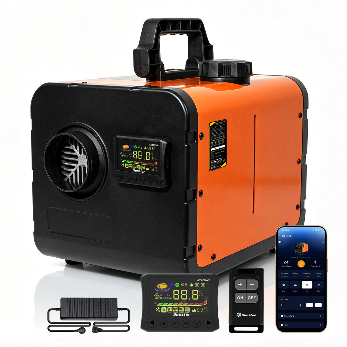 Sunster TP W1 WiFi & Bluetooth Diesel Heater 8KW 12/24V 110-240V, All-in-One with 2409WB Panel & 4-Button Remote