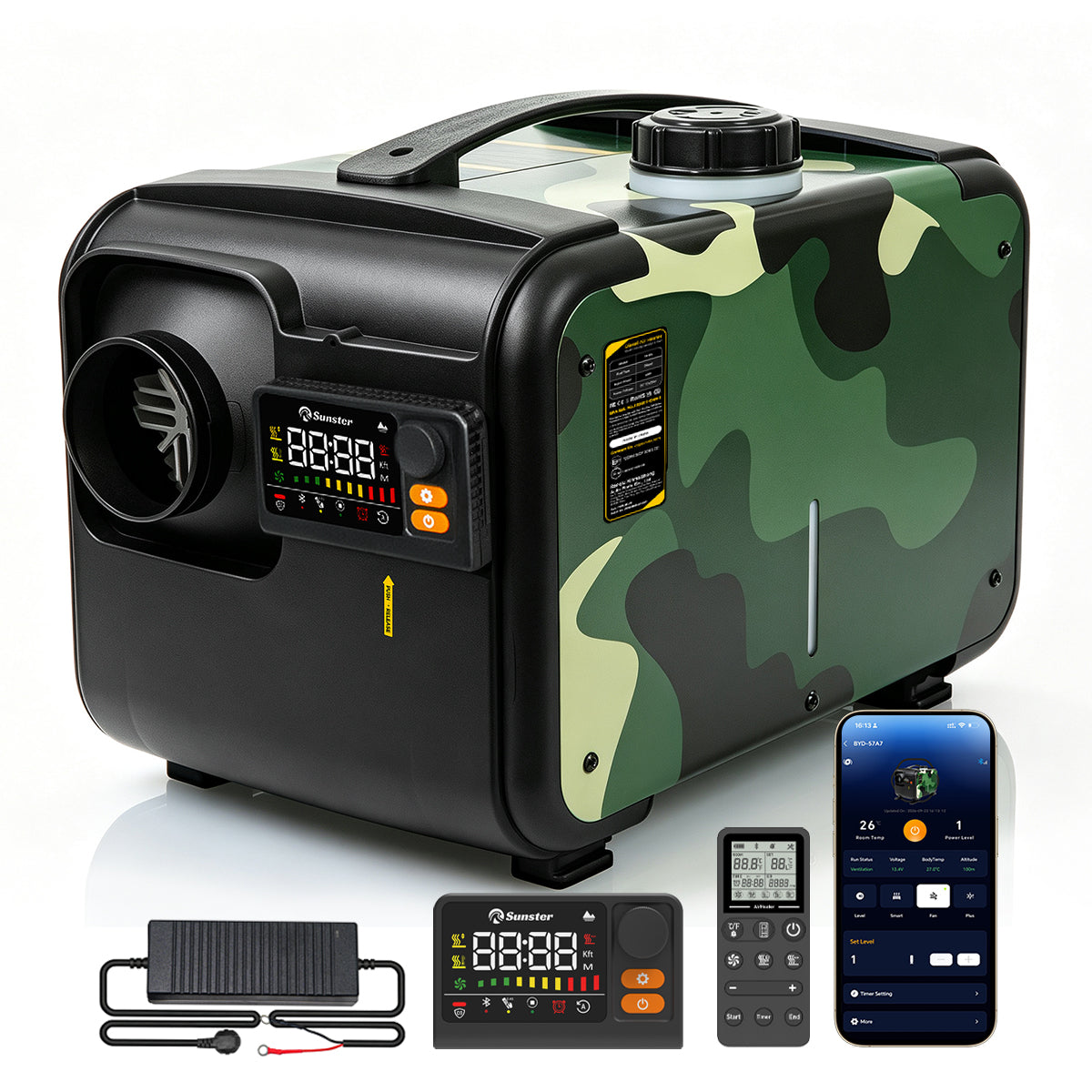 Sunster TP B3 Diesel Heater 8KW 12/24V 110-240V Bluetooth, All-in-One with 2602B LCD Panel & R2603 Smart Remote with Thermostat & CO Monitor
