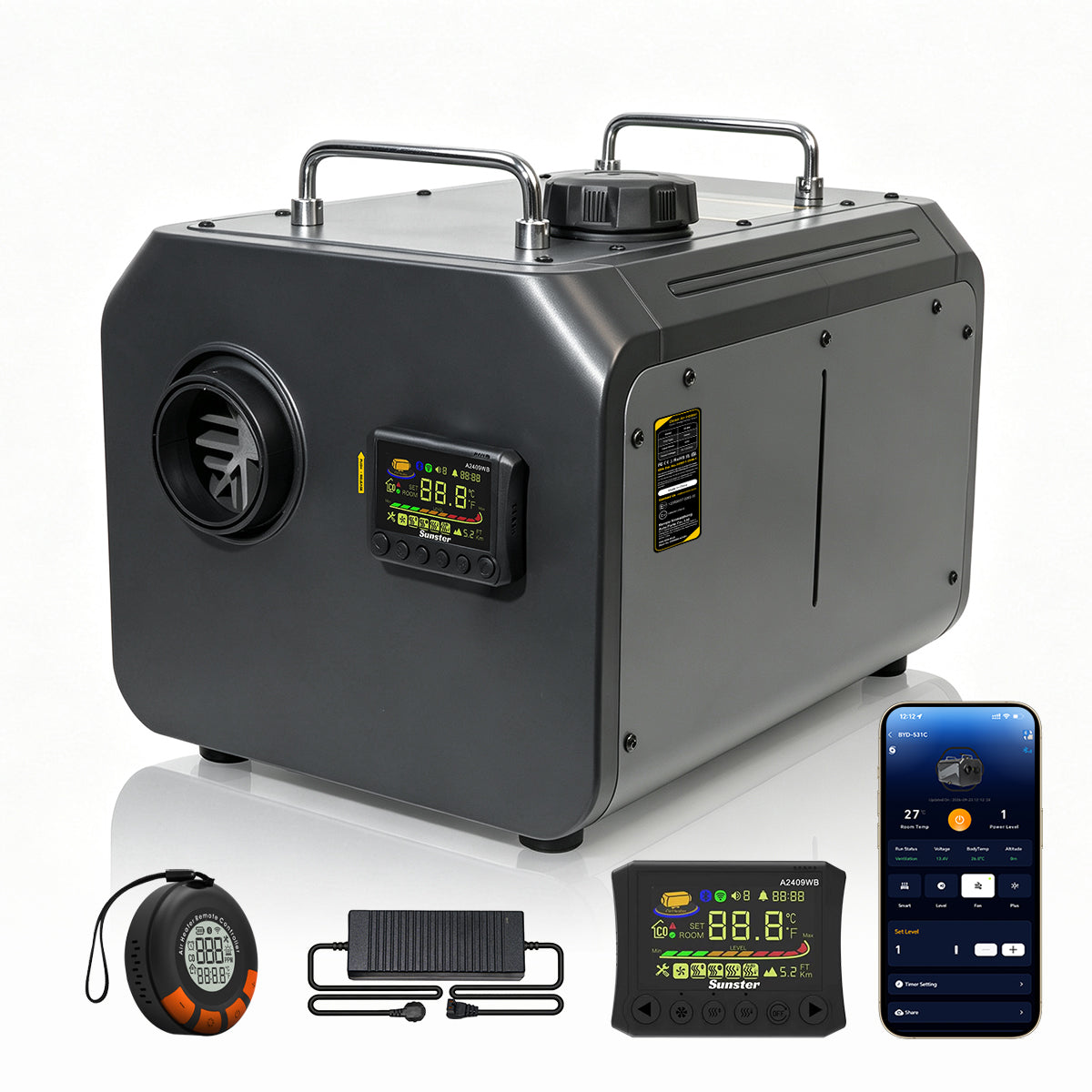 Sunster TP RO 9KW WiFi & Bluetooth Diesel Heater 12/24V 110-240V, All-in-One with A2409WB Panel & Wireless Smart Remote with CO monitoring