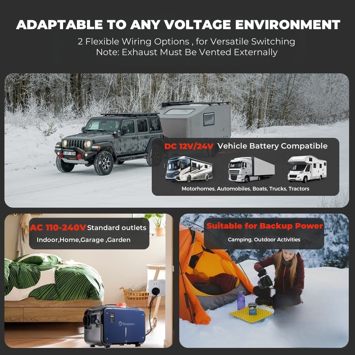 Sunster A2302BHP Diesel Heater 8KW 12/24V 110-240V, All In One Bluetooth Version
