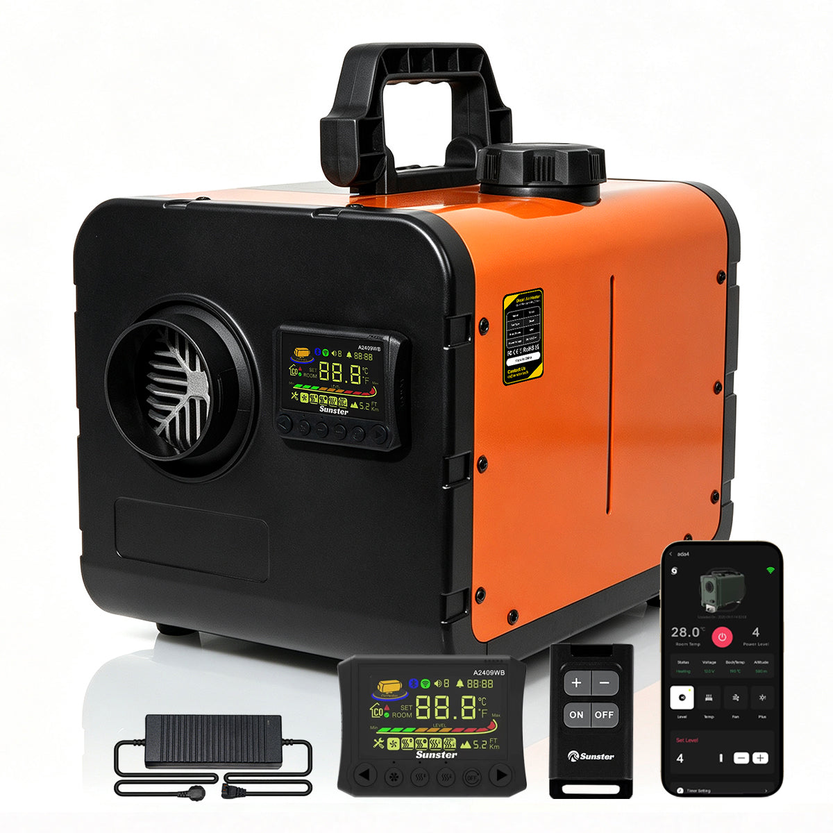 Sunster TP W1 WiFi & Bluetooth Diesel Heater 8KW 12/24V 110-240V, All-in-One with 2409WB Panel & 4-Button Remote