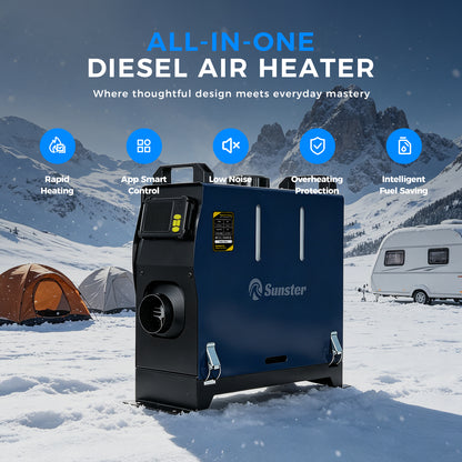 Sunster TR B1 Diesel Heater 2KW 12/24V 110-240V Bluetooth, Vertical All-in-One with 2200BH Panel & 4-Button Remote