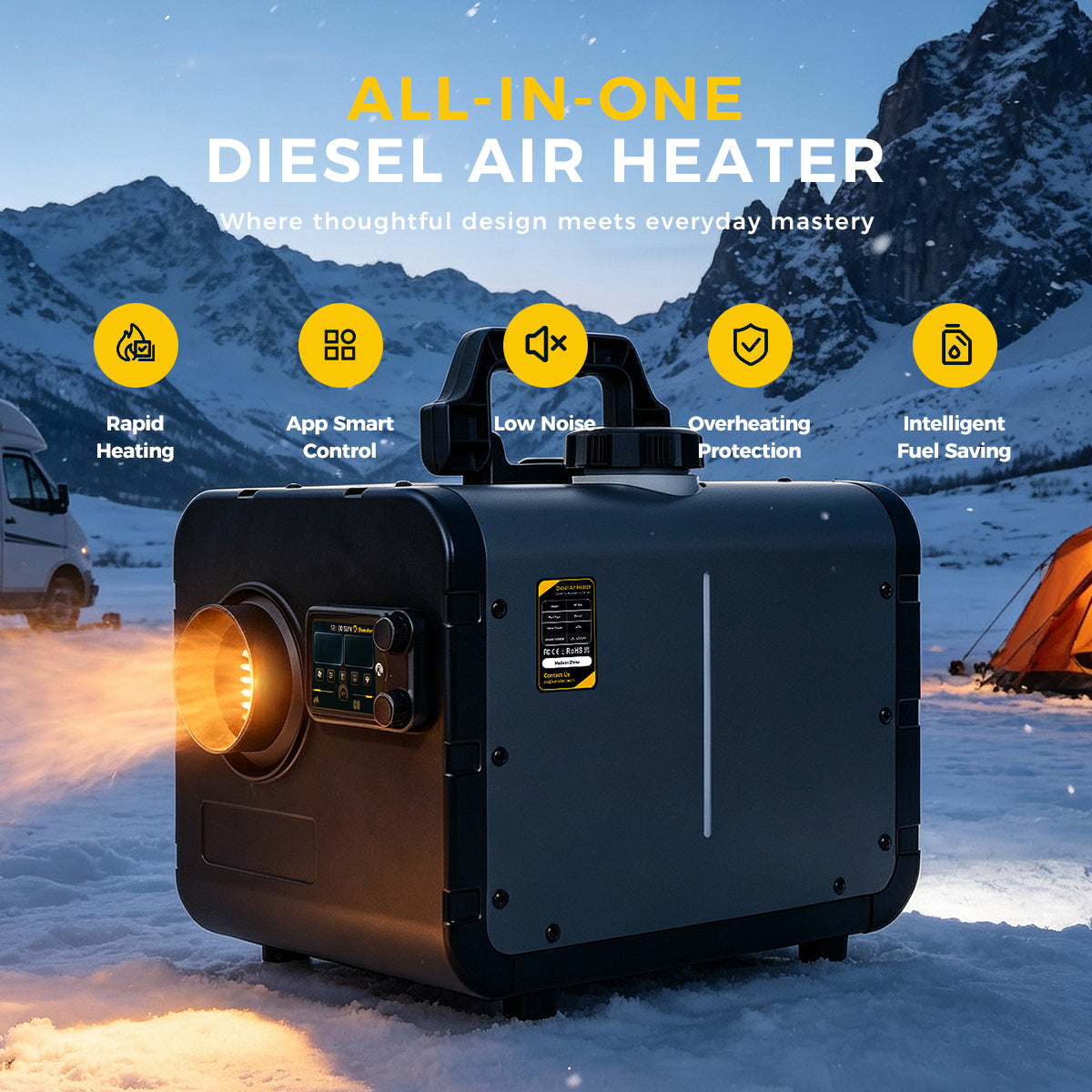 Sunster TP BW Diesel Heater 8KW 12/24V 110-240V All-in-One WiFi & Bluetooth with A2605 Panel & R2605 Remote