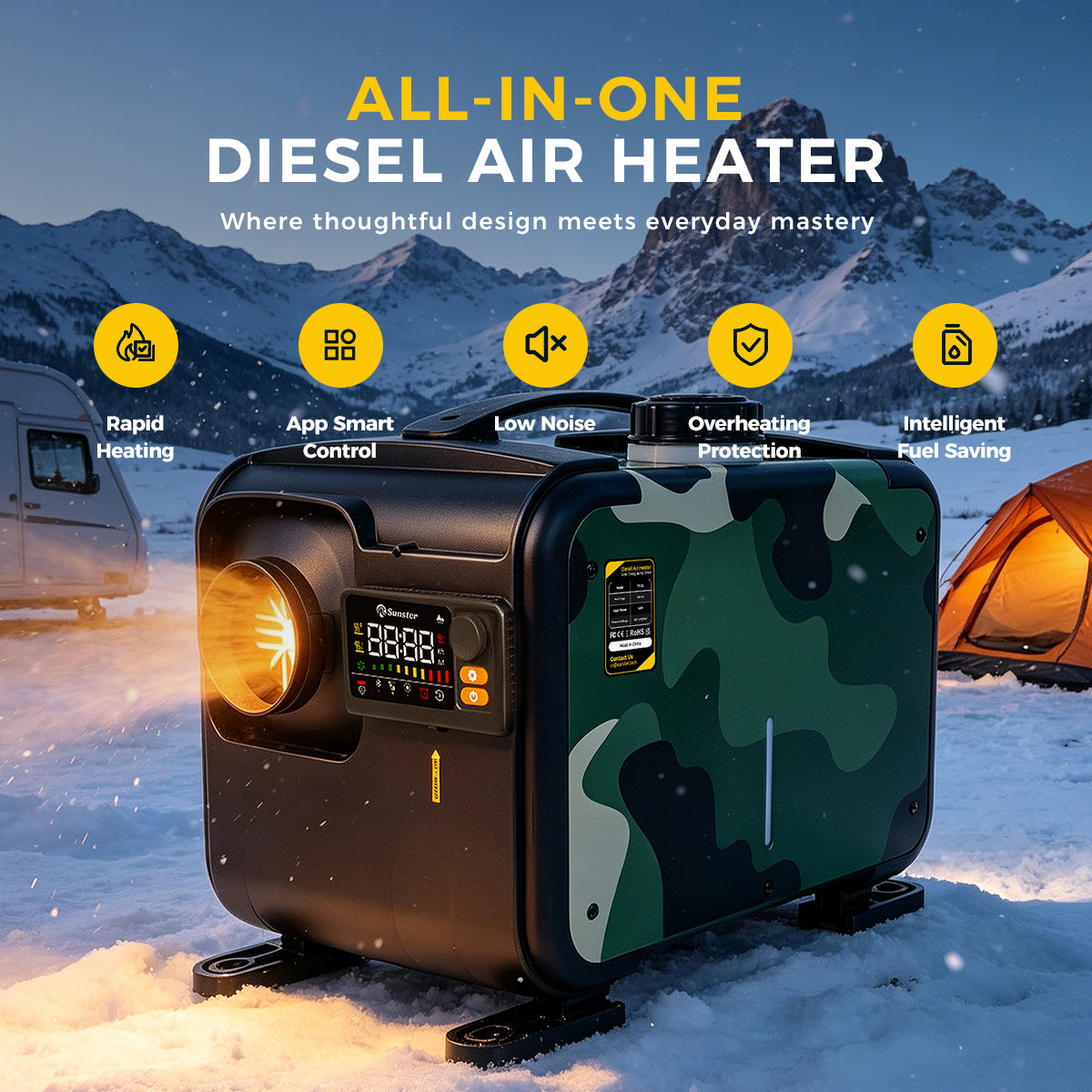 Sunster TP B3 Diesel Heater 8KW 12/24V 110-240V Bluetooth, All-in-One with 2602B LCD Panel & R2603 Smart Remote with Thermostat & CO Monitor