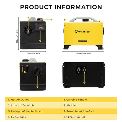 Sunster A2013ST Diesel Heater 8KW 12/24V 110-240V, Plus A2409PW Switch All in One WIFI Bluetooth Version
