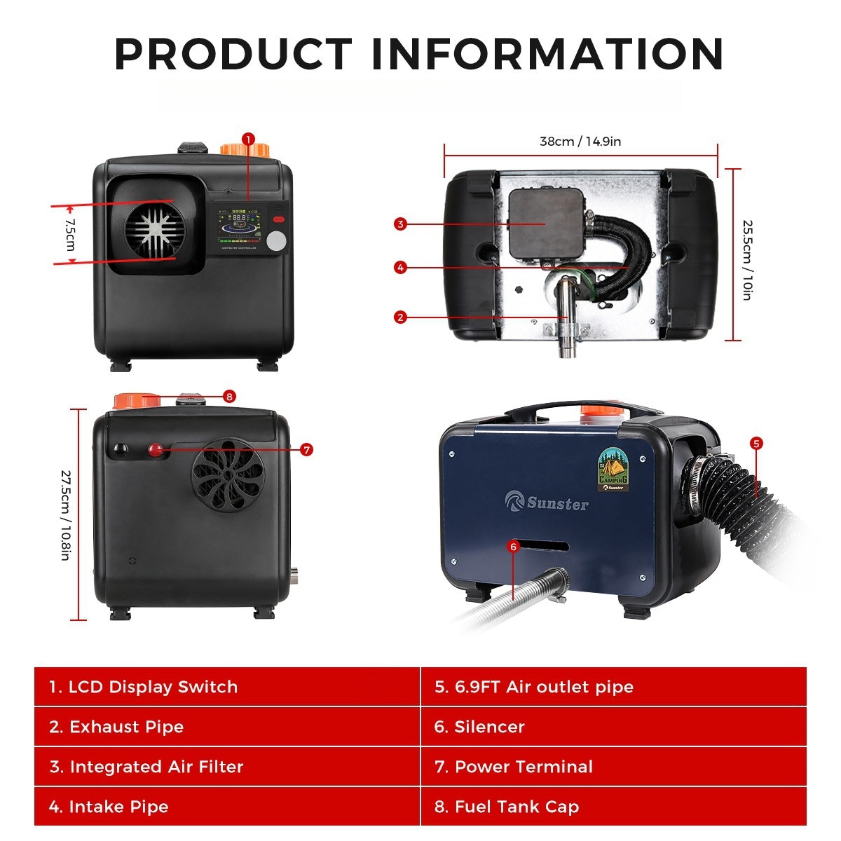Sunster A2302BHP Diesel Heater 8KW 12/24V 110-240V, All In One Bluetooth Version