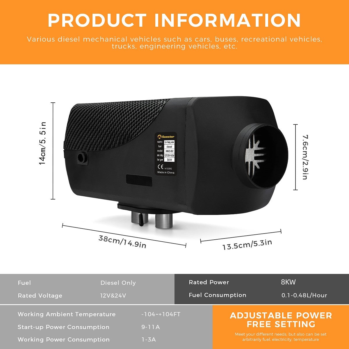 Sunster A2018 Diesel Heater 8KW 12V, Traditional Classic Version