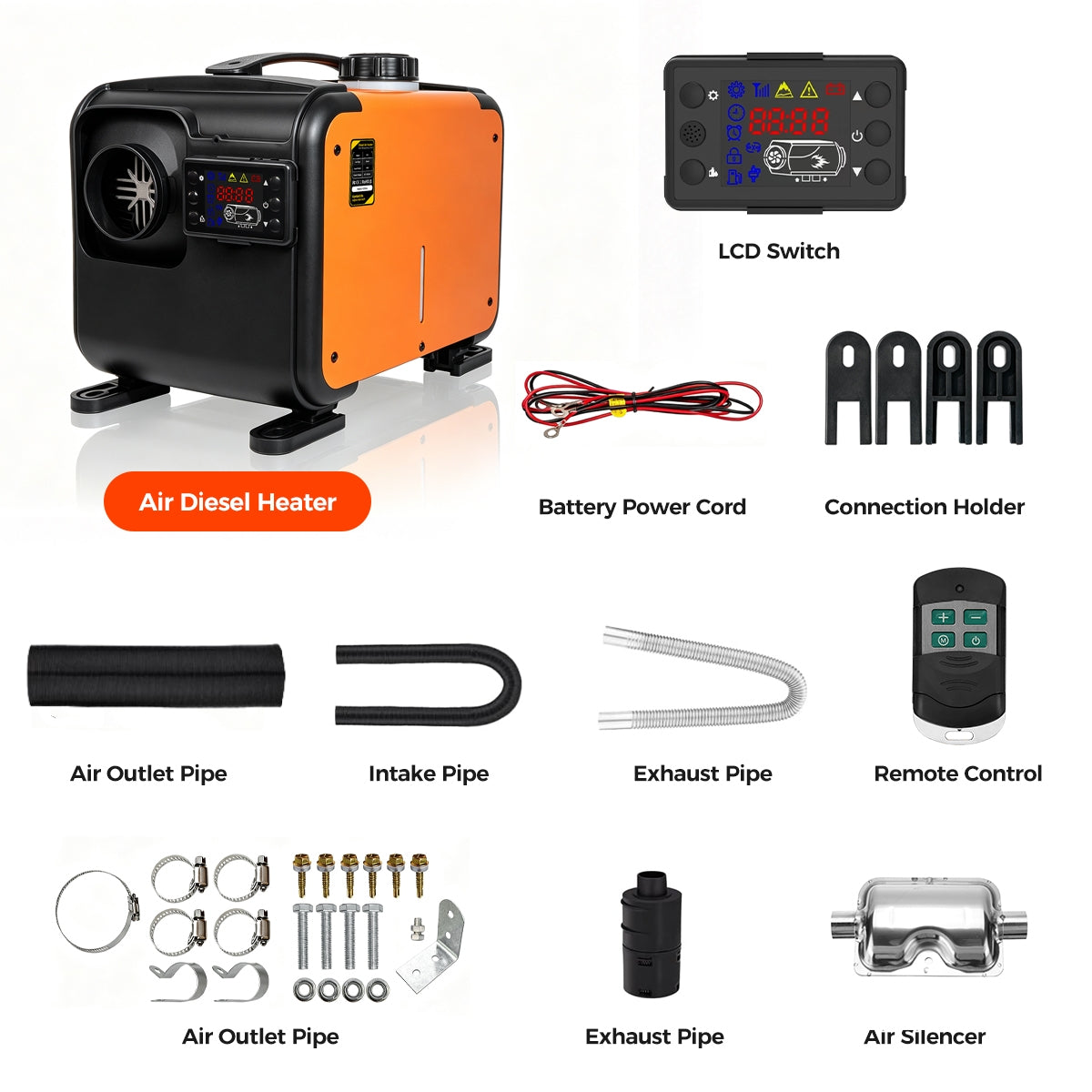 Sunster TP 1 Diesel Heater 8KW 12/24V, Horizontal All-in-One with A2013SL LCD Panel & 433 Remote, Low Fuel Consumption