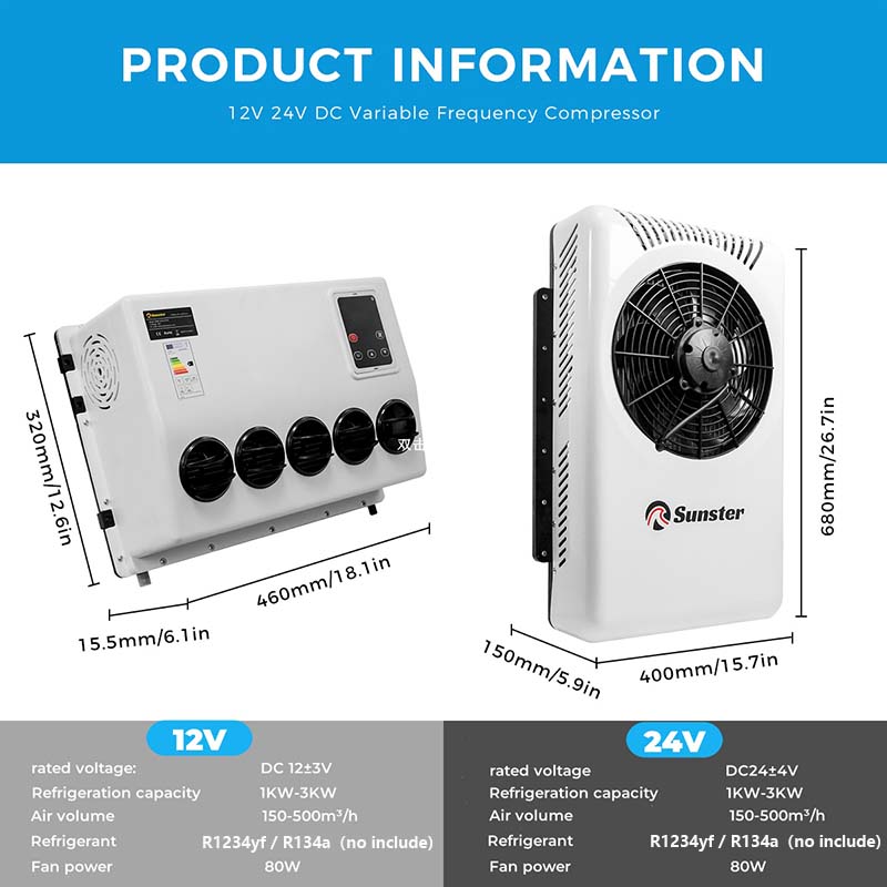 Sunster S-AC3 RV Air Conditioner 12V/24V Efficient Cooling